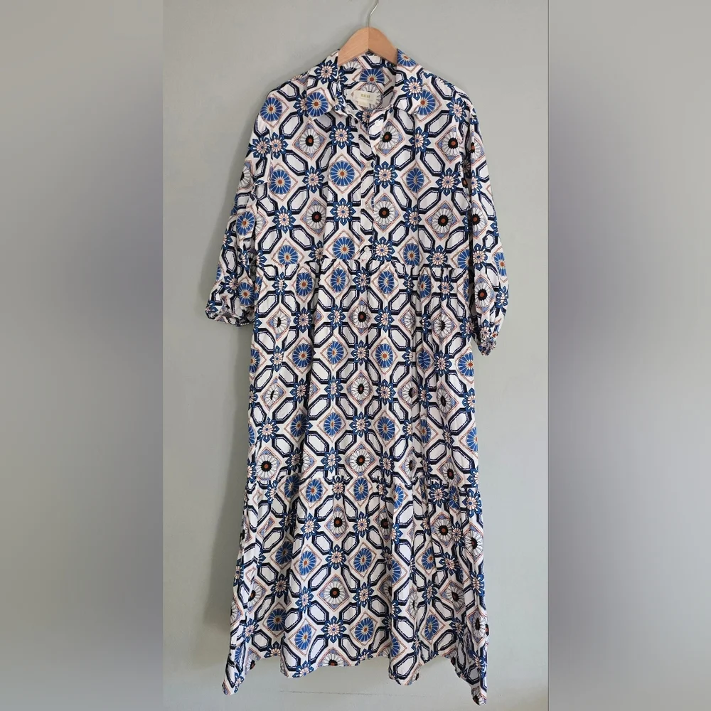 Anthropologie Maeve The Bettina in Sapphire White Tile Tiered Shirt Dress, Large - Picture 3 of 13